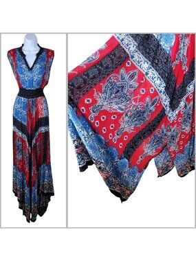 Bila Maxi Dress Size Small Party Casual floral Blue Boho Handkerchief Hem Flare